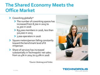 2.2.2017 7
Coworking globally*
The number of coworking spaces has
increased from 8,700 in 2015 to
11,300 in 2016
835,000 members in 2016, less than
510,000 in 2015
7,000 operators in 2016
Square meters/person falling constantly
toward the benchmark level of 8
m²/person
Share of services has increased
substantially inTechnopolis’ net sales:
from 10.4% in 2014 to 13.0% in 2016
The Shared Economy Meets the
Office Market
*Source: Deskmag and Forbes
 