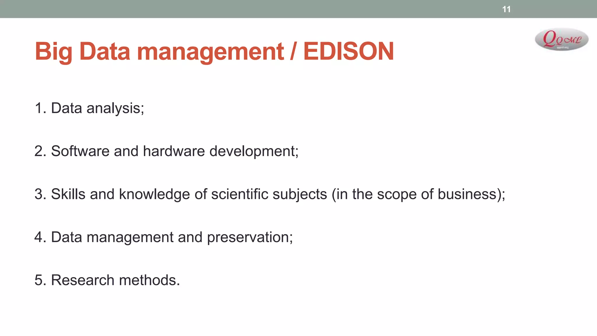 Big Data management / EDISON
1. Data analysis;
2. Software and hardware development;
3. Skills and knowledge of scientific subjects (in the scope of business);
4. Data management and preservation;
5. Research methods.
11
 