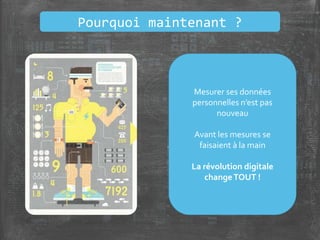Pourquoi maintenant ?
Mesurer ses données
personnelles n’est pas
nouveau
Avant les mesures se
faisaient à la main
La révolution digitale
changeTOUT !
 