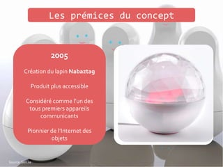 Les prémices du concept
2003
création de l’entreprise Violet
Rafi Haladjian et Olivier Mével,
entrepreneurs français
Connecter tous les objets à
internet
Produit : lampe DAL
2005
Création du lapin Nabaztag
Produit plus accessible
Considéré comme l’un des
tous premiers appareils
communicants
Pionnier de l’Internet des
objets
Source: Sen.se
 