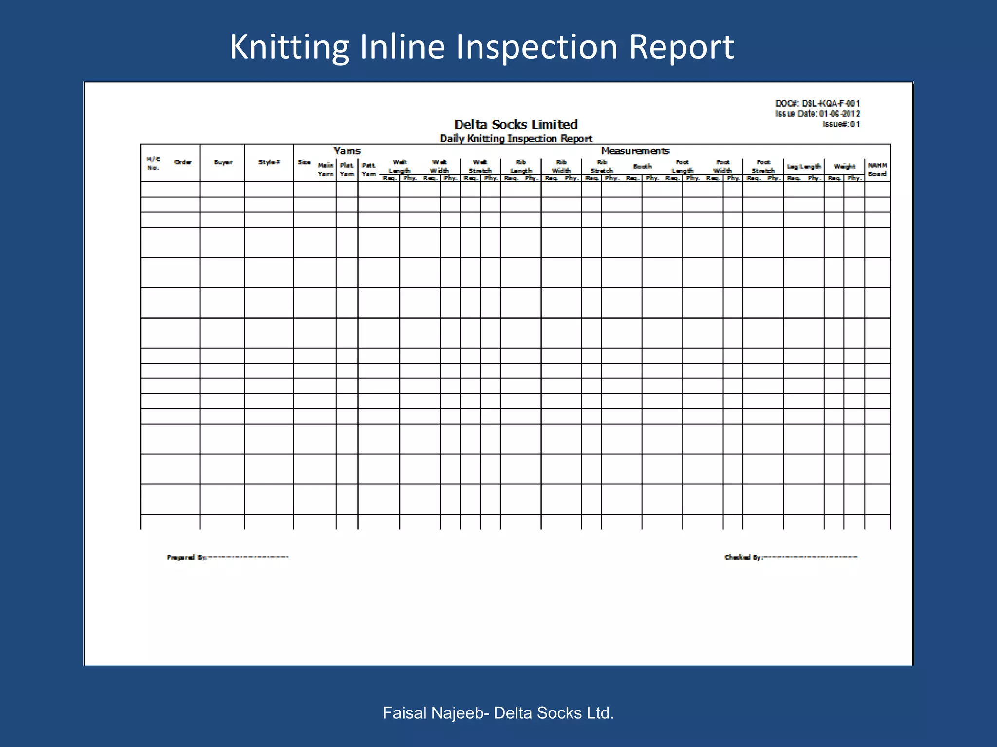 Knitting Inline Inspection Report




          Faisal Najeeb- Delta Socks Ltd.
 