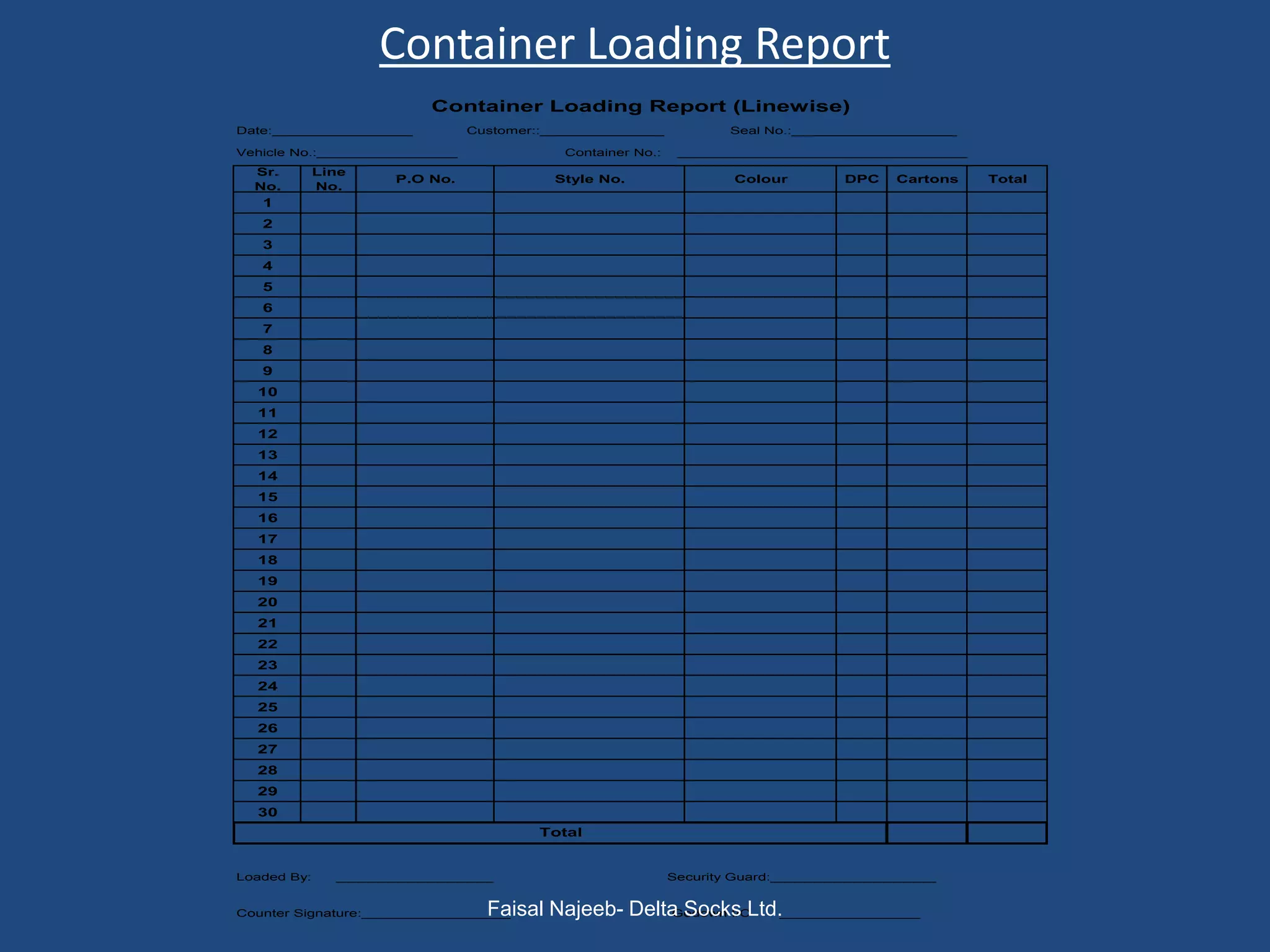 Container Loading Report
                          Container Loading Report (Linewise)
Date:_________________          Customer::_______________            Seal No.:____________________

Vehicle No.:_________________               Container No.:    ___________________________________
  Sr.        Line
                      P.O No.              Style No.                 Colour         DPC   Cartons    Total
  No.        No.
   1
   2
   3
   4
   5
   6
   7
   8
   9
  10
  11
  12
  13
  14
  15
  16
  17
  18
  19
  20
  21
  22
  23
  24
  25
  26
  27
  28
  29
  30
                                         Total


Loaded By:     ___________________                           Security Guard:____________________


                                  Faisal Najeeb- Delta Socks Ltd._________________
Counter Signature:__________________                 Godown I/C
 