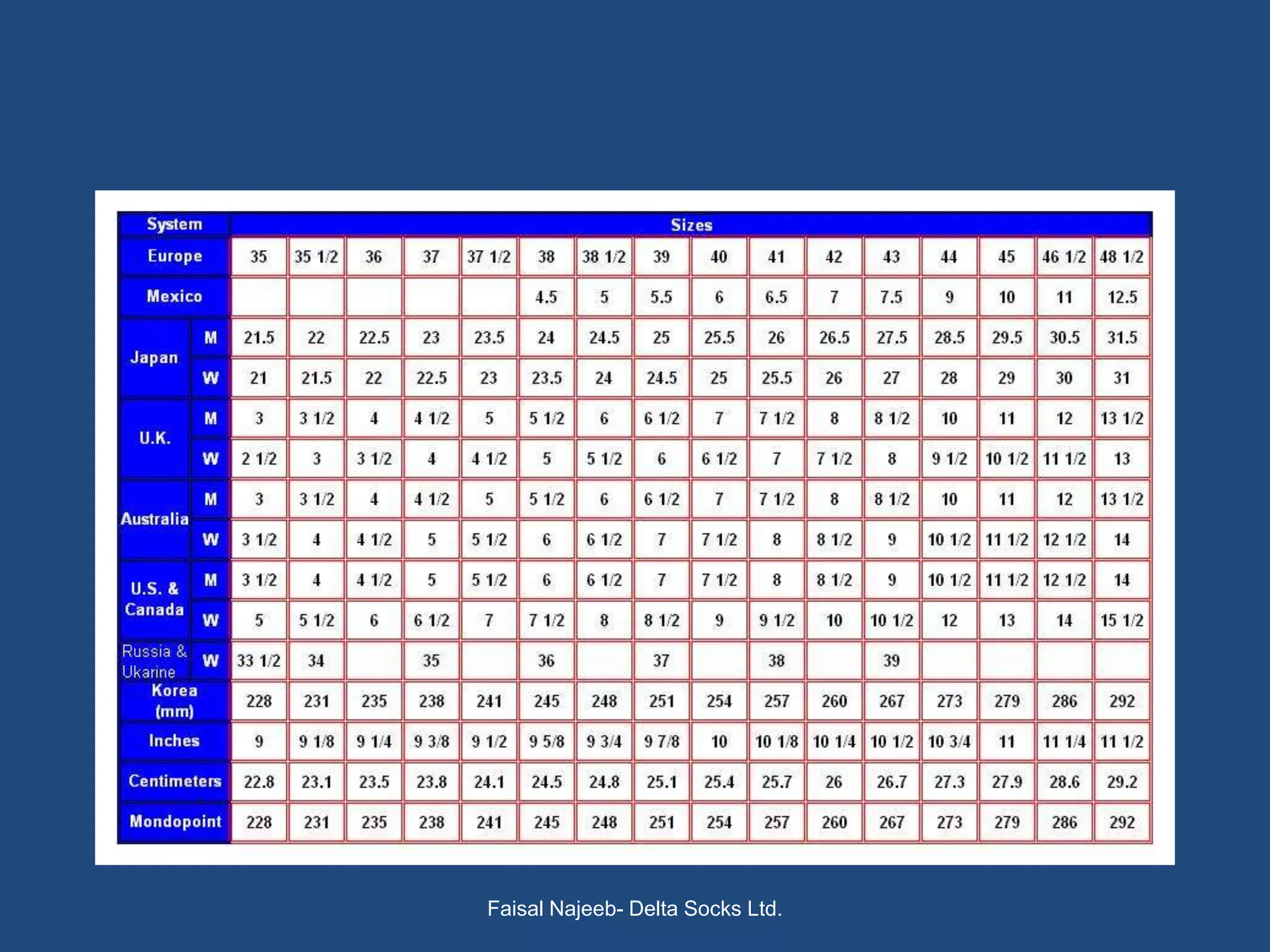 Size Chart of Socks




   Faisal Najeeb- Delta Socks Ltd.
 