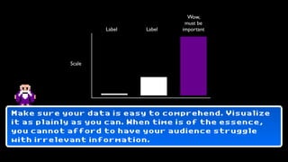 Wow,
                                     must be
                    Label   Label   important




            Scale




Make sure your data is easy to comprehend. Visualize
it as plainly as you can. When time is of the essence,
you cannot afford to have your audience struggle
with irrelevant information.
 