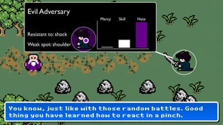 Evil Adversary
                          Mercy   Skill   Hate


    Resistant to: shock
    Weak spot: shoulder




You know, just like with those random battles. Good
thing you have learned how to react in a pinch.
 