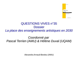 QUESTIONS VIVES n°35
Dossier
La place des enseignements artistiques en 2030
Coordonné par
Pascal Terrien (AMU) & Hélène Duval (UQAM)
Alexandra Arnaud-Bestieu (AMU)
 
