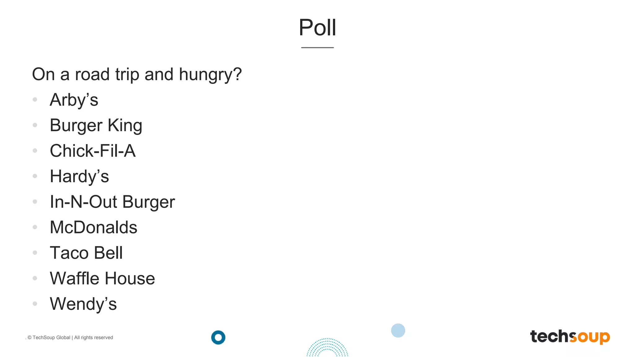 . © TechSoup Global | All rights reserved
Poll
On a road trip and hungry?
• Arby’s
• Burger King
• Chick-Fil-A
• Hardy’s
• In-N-Out Burger
• McDonalds
• Taco Bell
• Waffle House
• Wendy’s
 
