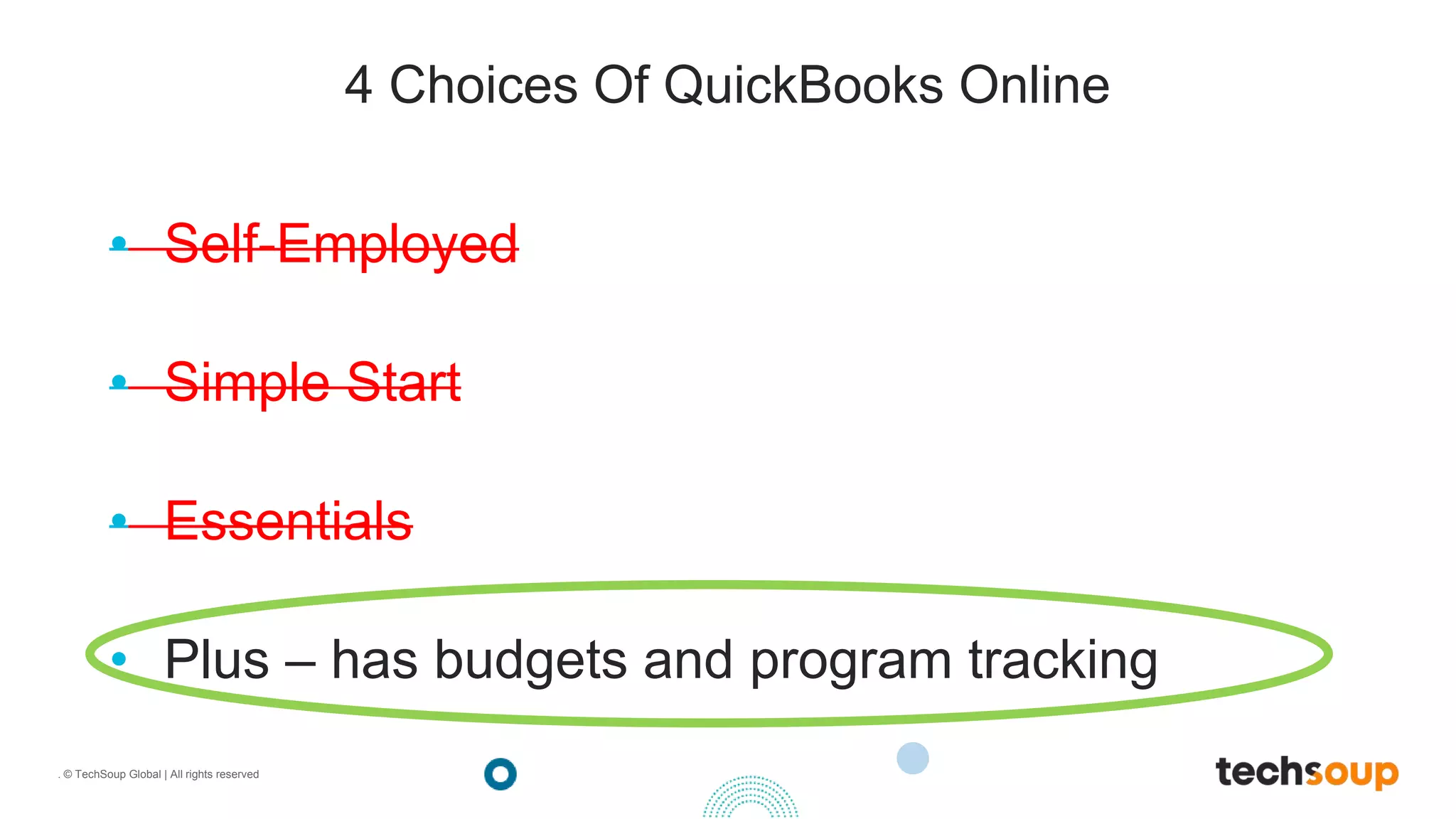 . © TechSoup Global | All rights reserved
4 Choices Of QuickBooks Online
• Self-Employed
• Simple Start
• Essentials
• Plus – has budgets and program tracking
 
