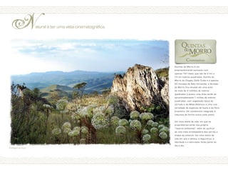 222222222222
222222222222
atural é ter uma vista cinematográfica.N
Quintas do Morro é um
empreendimento exclusivo com
apenas 191 lotes, que vão de 2 mil a
10 mil metros quadrados. Vizinho do
Morro do Chapéu Golfe Clube e a apenas
20 minutos de Belo Horizonte, o Quintas
do Morro fica situado em uma área
de mais de 2 milhões de metros
quadrados e possui uma área verde de
aproximadamente 1 milhão de metros
quadrados, com vegetação típica do
cerrado e da Mata Atlântica e uma rica
variedade de espécies da fauna e da flora
brasileira. Um condomínio integrado à
natureza de forma nunca vista antes.
Um novo estilo de vida, em que os
proprietários terão sua própria
“reserva ambiental”, além de usufruir
de uma vista arrebatadora das serras e
matas do entorno. Um novo estilo de
vida em que a beleza, a segurança, a
liberdade e o bem-estar farão parte do
dia a dia.
Paisagem do local
 