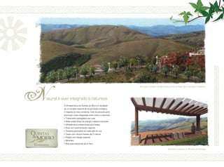 222222222222
222222222222
h
Natural é viver integrado à natureza.
A infraestrutura do Quintas do Morro é resultado
de um projeto especial de preservação ecológica
e respeito ao meio ambiente. Tudo foi pensado para
promover maior integração entre você e a natureza.
• 	Tratamento paisagístico nas ruas.
• 	Rede subterrânea de energia e telecomunicação.
• 	Infraestrutura subterrânea para dados.
• 	Ruas com pavimentação especial.
• 	Passeios gramados em cada lado da rua.
• 	Casas com recuos frontais de 5 metros.
• 	Postes com design especial.
• 	Mirantes.
• 	Ilhas para exercícios ao ar livre.
Ilustração artística do Mirante do Sossego
Ilustração artística da interseção entre as Ruas Cipó, Canastra e Ibitipoca
Desenhosdecaráterartísticoeilustrativosobrefotosdolocal.Estasilustraçõestêmcaráterexclusivamentepromocionalporsetratardeumbemaserconstruído.
Omobiliárioeosequipamentosnãofazempartedocontratodecompraevenda.Osmateriaisecoresrepresentadospoderãosofreralteraçõesaolongodoprojetoe
daconstruçãoemfunçãodadisponibilidadedosmesmosnomercado.Prevaleceaespecificaçãodomemorialdescritivoquefazpartedocontratodecompraevenda.
 