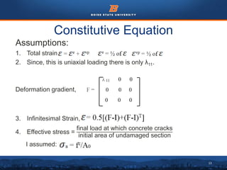 13
Constitutive Equation
Assumptions:
1. Total strain,
2. Since, this is uniaxial loading there is only λ11.
Deformation gradient,
3. Infinitesimal Strain,
4. Effective stress =
final load at which concrete cracks
initial area of undamaged section
I assumed:
 
