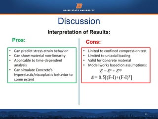 23
Discussion
Interpretation of Results:
Pros: Cons:
• Can predict stress-strain behavior
• Can show material non-linearity
• Applicable to time-dependent
analysis
• Can simulate Concrete’s
hyperelastic/viscoplastic behavior to
some extent
• Linited to confined compression test
• Limited to uniaxial loading
• Valid for Concrete material
• Model works based on assumptions:
 
