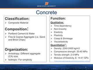 6
Concrete
Classification:
 Composite Material
Composition:
 Portland Cement & Water
 Fine & Coarse Aggregate (i.e. Sand
and Brick Chips)
Organization:
 Anisotropy: Different aggregate
(CA) size.
 Isotropic: For simplicity
Function:
Qualitative:
 Time dependency
 Non-linearity
 Elasticity
 Plasticity
 Creep & Shrinkage
 Viscoelasticity
Quantitative1:
 Density: 2240-2400 kg/m3
 Compressive strength: 20-40 MPa
 Tensile strength: 2-5 MPa
 Modulus of Elasticity, E: 14-41 GPa
1.https://www.engineeringtoolbox.com/concrete-properties-d_1223.html
 