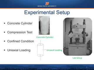 7
Experimental Setup
 Concrete Cylinder
 Compression Test
 Confined Condition
 Uniaxial Loading Uniaxial Loading
Concrete Cylinder
Lab Setup
 