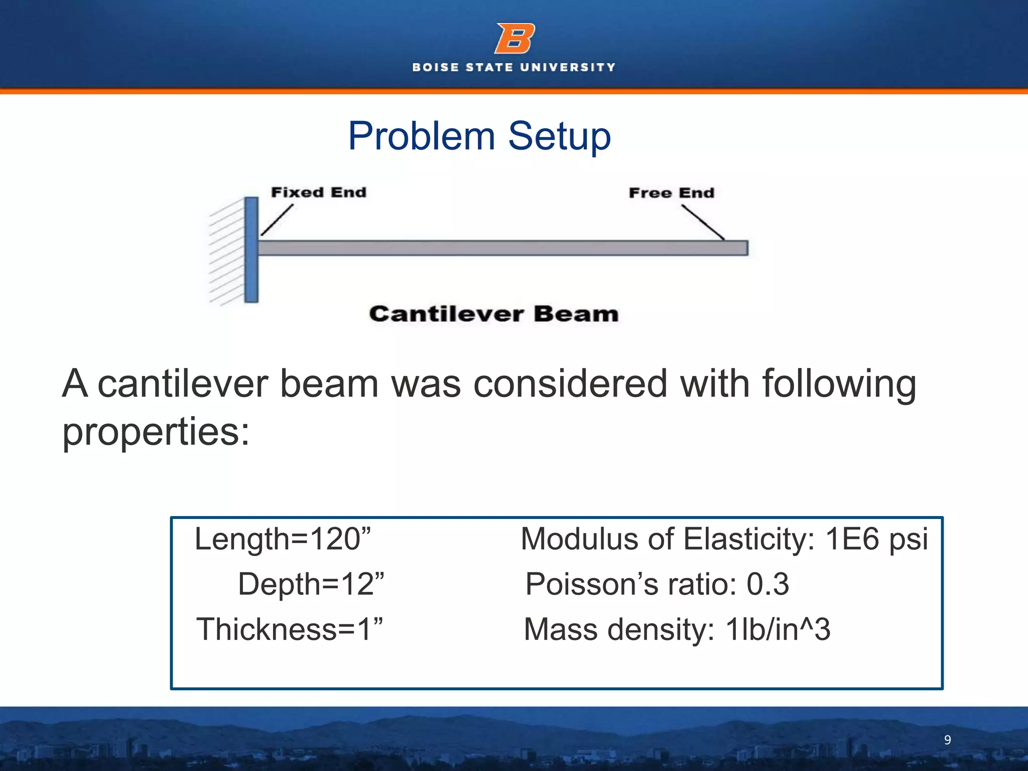 9
Problem Setup
A cantilever beam was considered with following
properties:
Length=120” Modulus of Elasticity: 1E6 psi
Depth=12” Poisson’s ratio: 0.3
Thickness=1” Mass density: 1lb/in^3
 