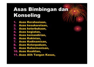 Asas Bimbingan dan
Konseling
1. Asas Kerahasiaan,
2. Asas kesukarelaan,
3. Asas keterbukaan,
4. Asas kegiatan,
5. Asas kemandirian,
4. Asas kegiatan,
5. Asas kemandirian,
6. Asas Kekinian,
7. Asas Kedinamisan,
8. Asas Keterpaduan,
9. Asas Keharmonisan,
10. Asas Keahlian,
11. Asas Alih Tangan Kasus,
 