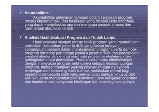 AkuntabilitasAkuntabilitas
Akuntabilitas pelayanan terwujud dalam kejelasan program,Akuntabilitas pelayanan terwujud dalam kejelasan program,
proses implementasi, dan hasilproses implementasi, dan hasil--hasil yang dicapai serta informasihasil yang dicapai serta informasi
yang dapat menjelaskan apa dan mengapa sesuatu proses danyang dapat menjelaskan apa dan mengapa sesuatu proses dan
hasil terjadi atau tidak terjadi.hasil terjadi atau tidak terjadi.
Analisis Hasil Evaluasi Program dan Tindak LanjutAnalisis Hasil Evaluasi Program dan Tindak Lanjut
Hasil evaluasi menjadi umpan balik program yang memerlukanHasil evaluasi menjadi umpan balik program yang memerlukan
perbaikan, kebutuhan peserta didik yang belum terlayani,perbaikan, kebutuhan peserta didik yang belum terlayani,
kemampuan personil dalam melaksanakan program, serta dampakkemampuan personil dalam melaksanakan program, serta dampak
program terhadap perubahan perilaku peserta didik dan pencapaianprogram terhadap perubahan perilaku peserta didik dan pencapaian
prestasi akademik, peningkatan mutu proses pembelajaran danprestasi akademik, peningkatan mutu proses pembelajaran danprestasi akademik, peningkatan mutu proses pembelajaran danprestasi akademik, peningkatan mutu proses pembelajaran dan
peningkatan mutu pendidikan. Hasil analisa harus ditindaklanjutipeningkatan mutu pendidikan. Hasil analisa harus ditindaklanjuti
dengan menyusun program selanjutnya sebagai kesinambungandengan menyusun program selanjutnya sebagai kesinambungan
program, mengembangkan jejaring pelayanan agar pelayananprogram, mengembangkan jejaring pelayanan agar pelayanan
bimbingan dan konseling lebih optimal, melakukan referal bagibimbingan dan konseling lebih optimal, melakukan referal bagi
peserta didikpeserta didik--peserta didik yang memerlukan bantuan khusus daripeserta didik yang memerlukan bantuan khusus dari
ahli lain, serta mengembangkan komitmen baru kebijakan orientasiahli lain, serta mengembangkan komitmen baru kebijakan orientasi
dan implementasi pelayanan bimbingan dan koseling selanjutnya.dan implementasi pelayanan bimbingan dan koseling selanjutnya.
 