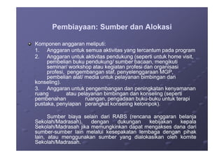 Pembiayaan: Sumber dan AlokasiPembiayaan: Sumber dan Alokasi
Komponen anggaran meliputi:Komponen anggaran meliputi:
1.1. Anggaran untuk semua aktivitas yang tercantum pada programAnggaran untuk semua aktivitas yang tercantum pada program
2.2. Anggaran untuk aktivitas pendukung (seperti untuk home visit,Anggaran untuk aktivitas pendukung (seperti untuk home visit,
pembelian buku pendukung/ sumber bacaan, mengikutipembelian buku pendukung/ sumber bacaan, mengikuti
seminar/ workshop atau kegiatan profesi dan organisasiseminar/ workshop atau kegiatan profesi dan organisasi
profesi, pengembangan staf, penyelenggaraan MGP,profesi, pengembangan staf, penyelenggaraan MGP,
pembelian alat/ media untuk pelayanan bimbingan danpembelian alat/ media untuk pelayanan bimbingan danpembelian alat/ media untuk pelayanan bimbingan danpembelian alat/ media untuk pelayanan bimbingan dan
konseling).konseling).
3.3. Anggaran untuk pengembangan dan peningkatan kenyamananAnggaran untuk pengembangan dan peningkatan kenyamanan
ruangruang atau pelayanan bimbingan dan konseling (sepertiatau pelayanan bimbingan dan konseling (seperti
pembenahanpembenahan ruangan, pengadaan bukuruangan, pengadaan buku--buku untuk terapibuku untuk terapi
pustaka, penyiapanpustaka, penyiapan perangkat konseling kelompok).perangkat konseling kelompok).
SumberSumber biayabiaya selainselain daridari RABSRABS (rencana(rencana anggarananggaran belanjabelanja
Sekolah/Madrasah),Sekolah/Madrasah), dengandengan dukungandukungan kebijakankebijakan kepalakepala
Sekolah/MadrasahSekolah/Madrasah jikajika memungkinkanmemungkinkan dapatdapat mengaksesmengakses danadana daridari
sumbersumber--sumbersumber lainlain melaluimelalui kesepakatankesepakatan lembagalembaga dengandengan pihakpihak
lain,lain, atauatau menggunakanmenggunakan sumbersumber yangyang dialokasikandialokasikan oleholeh komitekomite
Sekolah/MadrasahSekolah/Madrasah..
 