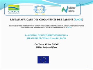 RESEAU AFRICAIN DES ORGANISMES DES BASSINS (RAOB)
RENFORCEMENT DES INSTITUTIONS DE GESTION DES EAUX TRANSFRONTALIERES EN AFRIQUE/STRENGTHENING THE
INSTITUTIONS FOR TRANSBOUNDARY WATER MANAGEMENT IN AFRICA (SITWA)
LA GESTION DES INFORMATIONS DANS LA
STRATEGIE DECENNALE 2025 DU RAOB
Par Tanor Meïssa DIENG
SITWA Project Officer
1
 