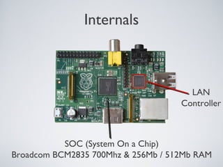 Internals
LAN
Controller
SOC (System On a Chip)
Broadcom BCM2835 700Mhz & 256Mb / 512Mb RAM
 