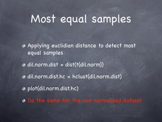 Most equal samples

Applying euclidian distance to detect most
equal samples

dil.norm.dist = dist(t(dil.norm))

dil.norm.dist.hc = hclust(dil.norm.dist)

plot(dil.norm.dist.hc)

Do the same for the non normalised dataset
 