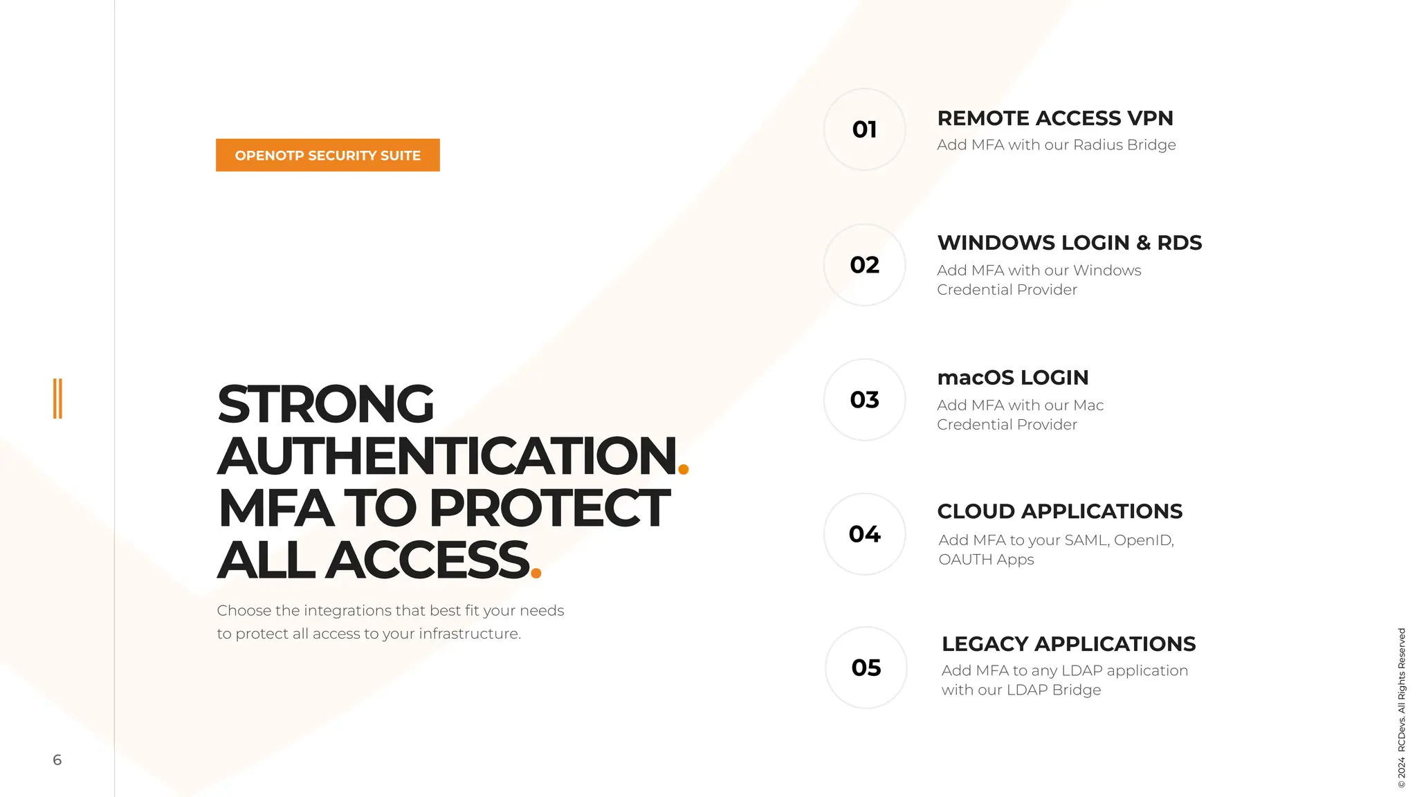 6
STRONG
AUTHENTICATION.
MFA TO PROTECT
ALL ACCESS.
OPENOTP SECURITY SUITE
Choose the integrations that best fit your needs
to protect all access to your infrastructure.
CLOUD APPLICATIONS
01
04
02
05
REMOTE ACCESS VPN
WINDOWS LOGIN & RDS
LEGACY APPLICATIONS
Add MFA with our Radius Bridge
Add MFA with our Windows
Credential Provider
Add MFA to your SAML, OpenID,
OAUTH Apps
Add MFA to any LDAP application
with our LDAP Bridge
03
macOS LOGIN
Add MFA with our Mac
Credential Provider
©
2024
RCDevs.
All
Rights
Reserved
 