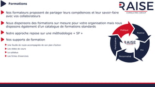 Formations
Notre approche repose sur une méthodologie « 5P »
Nos supports de formation
Positive
Pro
Personnalisé
Participative
Pratique
Nos formateurs proposent de partager leurs compétences et leur savoir-faire
avec vos collaborateurs
Nous dispensons des formations sur mesure pour votre organisation mais nous
disposons également d’un catalogue de formations standards
Une feuille de route accompagnée de son plan d’action
Les slides de cours
Le syllabus
Les fiches d’exercices
 