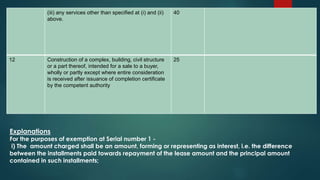 (iii) any services other than specified at (i) and (ii)
above.
40
12 Construction of a complex, building, civil structure
or a part thereof, intended for a sale to a buyer,
wholly or partly except where entire consideration
is received after issuance of completion certificate
by the competent authority
25
Explanations
For the purposes of exemption at Serial number 1 -
i) The amount charged shall be an amount, forming or representing as interest, i.e. the difference
between the installments paid towards repayment of the lease amount and the principal amount
contained in such installments;
 