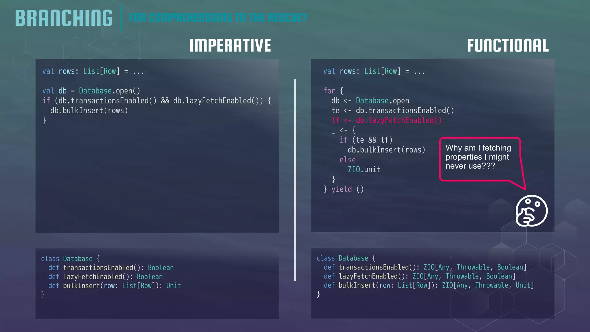 IMPERATIVE FUNCTIONAL
BRANCHING FOR COMPREHENSIONS TO THE RESCUE?
class Database {
def transactionsEnabled(): ZIO[Any, Throwable, Boolean]
def lazyFetchEnabled(): ZIO[Any, Throwable, Boolean]
def bulkInsert(row: List[Row]): ZIO[Any, Throwable, Unit]
}
val rows: List[Row] = ...
val db = Database.open()
if (db.transactionsEnabled() && db.lazyFetchEnabled()) {
db.bulkInsert(rows)
}
val rows: List[Row] = ...
for {
db <- Database.open
te <- db.transactionsEnabled()
lf <- db.lazyFetchEnabled()
_ <- {
if (te && lf)
db.bulkInsert(rows)
else
ZIO.unit
}
} yield ()
Why am I fetching
properties I might
never use???
class Database {
def transactionsEnabled(): Boolean
def lazyFetchEnabled(): Boolean
def bulkInsert(row: List[Row]): Unit
}
 