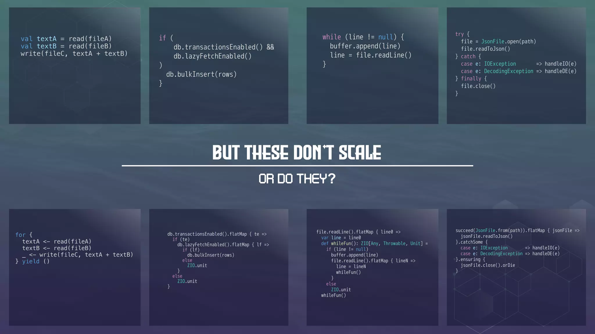 val textA = read(fileA)
val textB = read(fileB)
write(fileC, textA + textB)
if (
db.transactionsEnabled() &&
db.lazyFetchEnabled()
)
db.bulkInsert(rows)
}
while (line != null) {
buffer.append(line)
line = file.readLine()
}
try {
file = JsonFile.open(path)
file.readToJson()
} catch {
case e: IOException => handleIO(e)
case e: DecodingException => handleDE(e)
} finally {
file.close()
}
But these don't scale
OR DO They?
file.readLine().flatMap { line0 =>
var line = line0
def whileFun(): ZIO[Any, Throwable, Unit] =
if (line != null)
buffer.append(line)
file.readLine().flatMap { lineN =>
line = lineN
whileFun()
}
else
ZIO.unit
whileFun()
db.transactionsEnabled().flatMap { te =>
if (te)
db.lazyFetchEnabled().flatMap { lf =>
if (lf)
db.bulkInsert(rows)
else
ZIO.unit
}
else
ZIO.unit
}
for {
textA <- read(fileA)
textB <- read(fileB)
_ <- write(fileC, textA + textB)
} yield ()
succeed(JsonFile.from(path)).flatMap { jsonFile =>
jsonFile.readToJson()
}.catchSome {
case e: IOException => handleIO(e)
case e: DecodingException => handleDE(e)
}.ensuring {
jsonFile.close().orDie
}
 