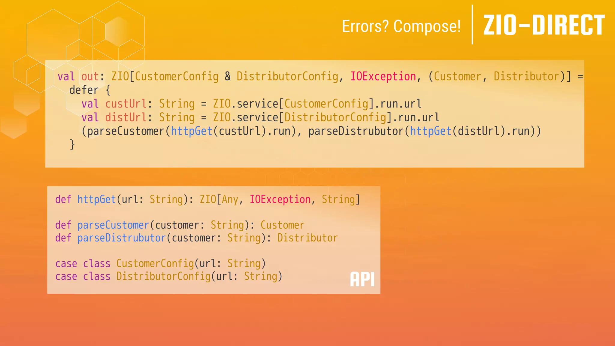 val out: ZIO[CustomerConfig & DistributorConfig, IOException, (Customer, Distributor)] =
defer {
val custUrl: String = ZIO.service[CustomerConfig].run.url
val distUrl: String = ZIO.service[DistributorConfig].run.url
(parseCustomer(httpGet(custUrl).run), parseDistrubutor(httpGet(distUrl).run))
}
def httpGet(url: String): ZIO[Any, IOException, String]
def parseCustomer(customer: String): Customer
def parseDistrubutor(customer: String): Distributor
case class CustomerConfig(url: String)
case class DistributorConfig(url: String)
ZIO-DIRECT
Errors? Compose!
API
 