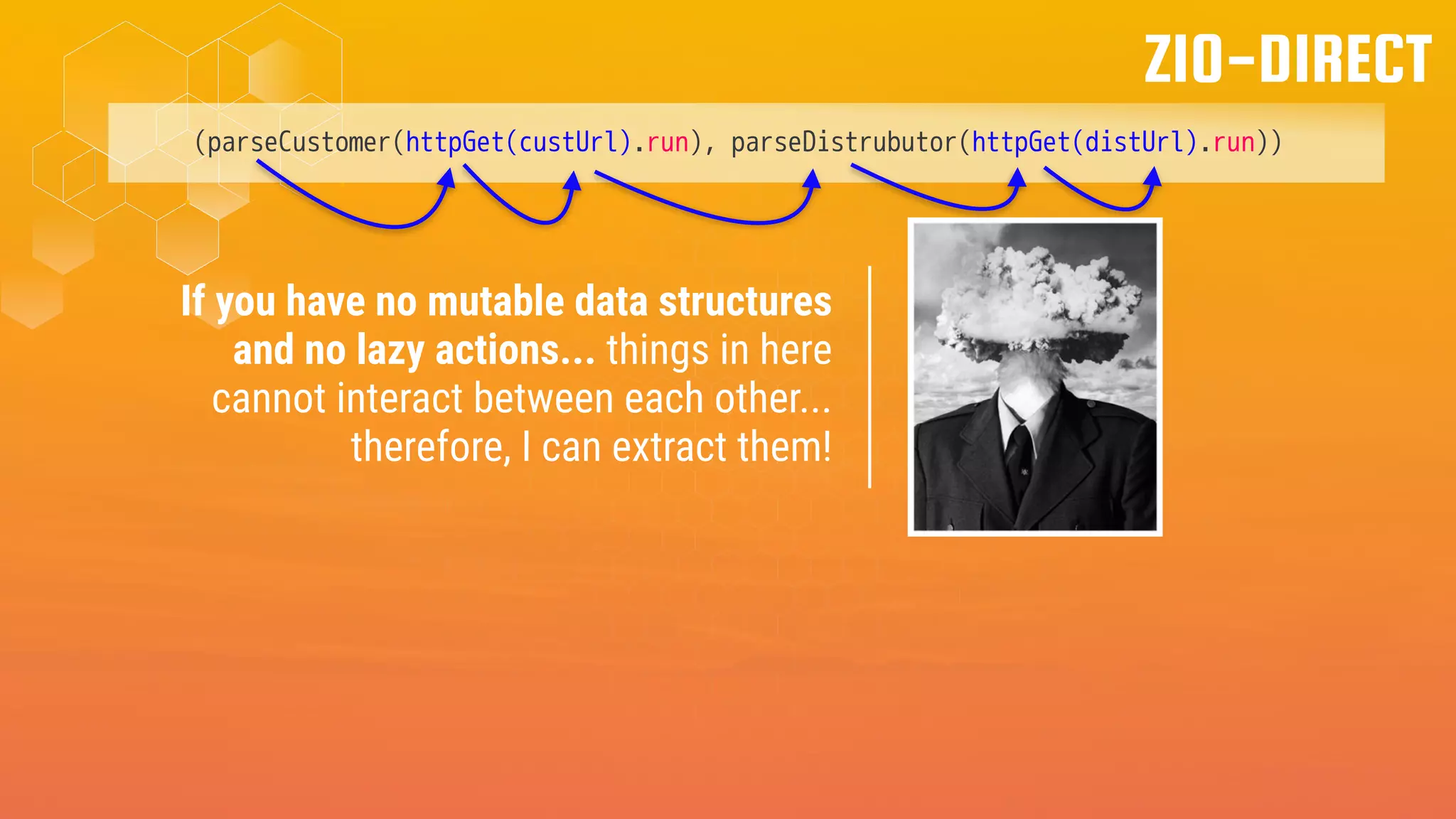 ZIO-DIRECT
If you have no mutable data structures
and no lazy actions... things in here
cannot interact between each other...
therefore, I can extract them!
(parseCustomer(httpGet(custUrl).run), parseDistrubutor(httpGet(distUrl).run))
 