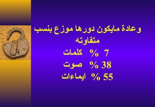 ‫وعادة مايكون دورها موزع بنسب‬
          ‫متفاوته‬
       ‫7 % كلمات‬
       ‫83 % صوت‬
      ‫55 % ايماءات‬
 