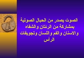 ‫الصوت يصدر من الحبال الصوتية‬
   ‫بمشاركة من الرئتان والشفاه‬
‫والسنان والفم واللسان وتجويفات‬
             ‫الرأس‬
 