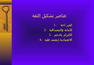 ‫عناصر تشكيل الثقة‬
             ‫الصر احة -1‬
      ‫المانة والمصداقية -2‬
         ‫اللتزام بالدعم -3‬
   ‫العتمادية )يعتمد عليه -4‬
 