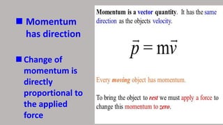  Momentum
has direction
Change of
momentum is
directly
proportional to
the applied
force