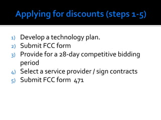 Applying for discounts (steps 1-5)Develop a technology plan.Submit FCC form Provide for a 28-day competitive bidding periodSelect a service provider / sign contractsSubmit FCC form  471
