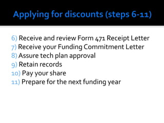Applying for discounts (steps 6-11)6) Receive and review Form 471 Receipt Letter7) Receive your Funding Commitment Letter8) Assure tech plan approval9) Retain records10) Pay your share11) Prepare for the next funding year