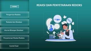 Pengertian Redoks
Reduksi dan Oksidasi
Aturan Bilangan Oksidasi
Penyetaraan Reaksi Redoks
Contoh Soal
REAKSI DAN PENYETARAAN REDOKS
HOME
 