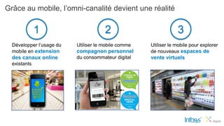 Grâce au mobile, l’omni-canalité devient une réalité


              1                       2                          3
  Développer l’usage du   Utiliser le mobile comme   Utiliser le mobile pour explorer
  mobile en extension     compagnon personnel        de nouveaux espaces de
  des canaux online       du consommateur digital    vente virtuels
  existants
 
