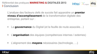 Référentiel des pratiques MARKETING & DIGITALES 2013
I Conclusion

    L’analyse des facteurs clefs de succès fait apparaitre un premier
    niveau d’accomplissement de la transformation digitale des
    entreprise, portant sur :

    • La gouvernance du Digital (et la feuille de route associée…)

    • L’organisation des équipes (compétences internes / externes)

    • L’alignement des moyens nécessaires (technologie, …)
 