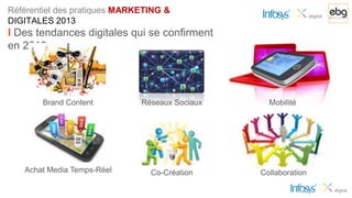 Référentiel des pratiques MARKETING &
DIGITALES 2013
I Des tendances digitales qui se confirment
en 2013




       Brand Content          Réseaux Sociaux     Mobilité




   Achat Media Temps-Réel       Co-Création     Collaboration
 
