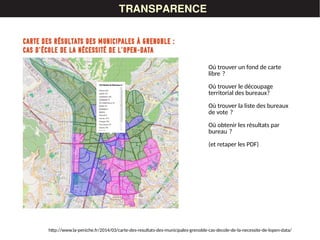 LES DONNÉESTRANSPARENCE
http://www.la-peniche.fr/2014/03/carte-des-resultats-des-municipales-grenoble-cas-decole-de-la-necessite-de-lopen-data/
Où trouver un fond de carte
libre ? 
Où trouver le découpage
territorial des bureaux?
Où trouver la liste des bureaux
de vote ? 
Où obtenir les résultats par
bureau ? 
(et retaper les PDF)
 