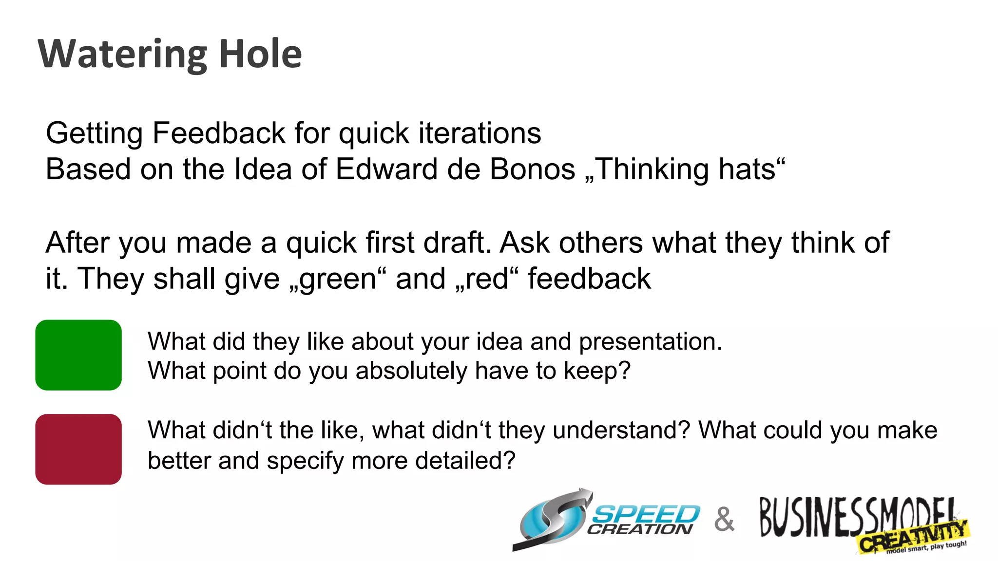Watering	
  Hole	
  
Getting Feedback for quick iterations
Based on the Idea of Edward de Bonos „Thinking hats“

After you made a quick first draft. Ask others what they think of
it. They shall give „green“ and „red“ feedback

        What did they like about your idea and presentation.
        What point do you absolutely have to keep?

        What didn‘t the like, what didn‘t they understand? What could you make
        better and specify more detailed?

                                                           &
 