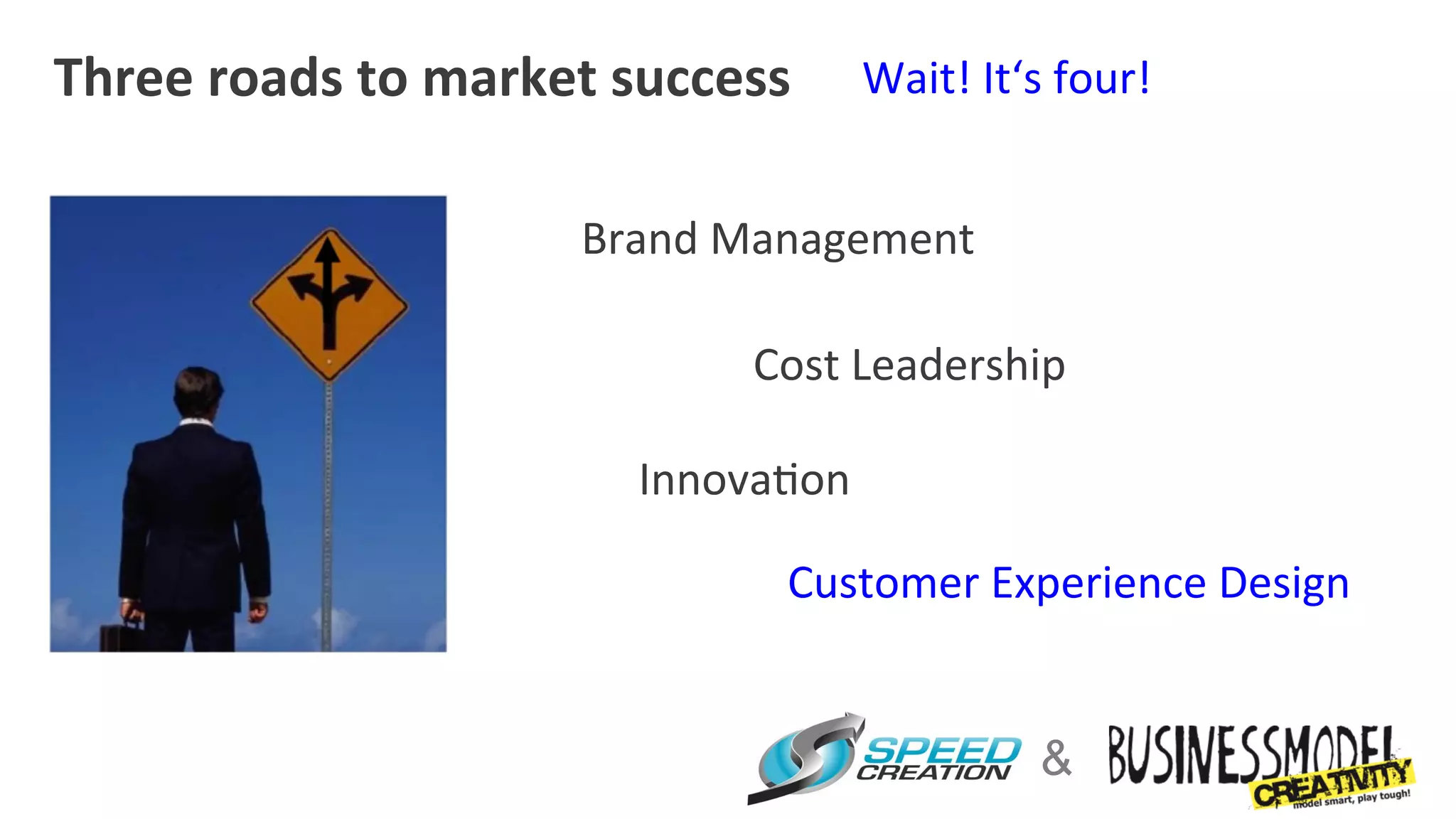 Three	
  roads	
  to	
  market	
  success	
   Wait!	
  It‘s	
  four!	
  

                                  Brand	
  Management	
  

                                             Cost	
  Leadership	
  

                                     Innova=on	
  

                                               Customer	
  Experience	
  Design	
  


                                                                &
 