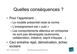Quelles conséquences ?Pour l’apprenant :Le modèle présentiel reste la normeL’enseignement est « subi »Les comportements attendus en entreprise ne sont pas développés (autonomie, collaboration, initiative, esprit d’équipe…)Ceci entraîne rejet, démotivation, échec scolaire
