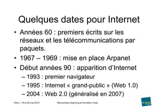 Quelques dates pour Internet<br />Années 60 : premiers écrits sur les réseaux et les télécommunications par paquets.<br />...