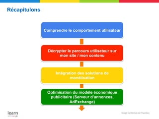 Récapitulons


               Comprendre le comportement utilisateur




                 Décrypter le parcours utilisateur sur
                      mon site / mon contenu



                     Intégration des solutions de
                             monétisation


                Optimisation du modèle économique
                 publicitaire (Serveur d’annonces,
                            AdExchange)

                                                         Google Confidential and Proprietary

                                                                   x
 