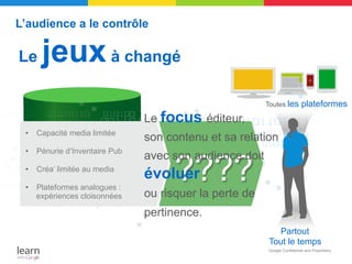 L’audience a le contrôle

Le   jeux à changé
                                                        Toutes les        plateformes
                               Le focus éditeur,
 •  Capacité media limitée
                               son contenu et sa relation
 •  Pénurie d’Inventaire Pub
                               avec son audience doit
 •  Créa’ limitée au media

 •  Plateformes analogues :
                                     ????
                               évoluer
                               ou risquer la perte de
    expériences cloisonnées

                               pertinence.
                                                           Partout
                                                         Tout le temps
                                                        Google Confidential and Proprietary
 