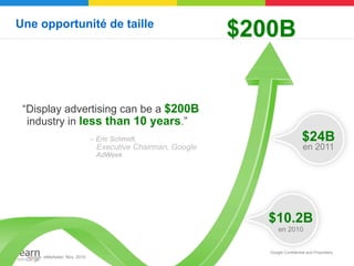 Une opportunité de taille
                                                               $200B


 “Display advertising can be a $200B
  industry in less than 10 years.”
                                 ̶ Eric Schmidt,                                   $24B
                                  Executive Chairman, Google                        en 2011
                                  AdWeek




                                                                  $10.2B
                                                                      en 2010


                                                                  Google Confidential and Proprietary
  Source: eMarketer, Nov. 2010
 
